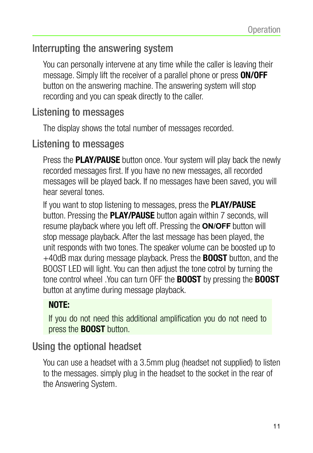 Oricom AM900 warranty Interrupting the answering system, Listening to messages, Using the optional headset 