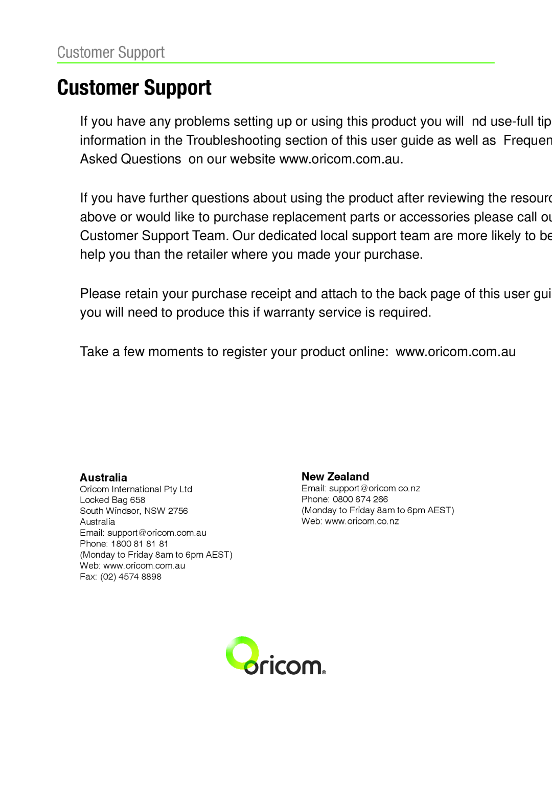 Oricom AM900 warranty Customer Support, Australia 