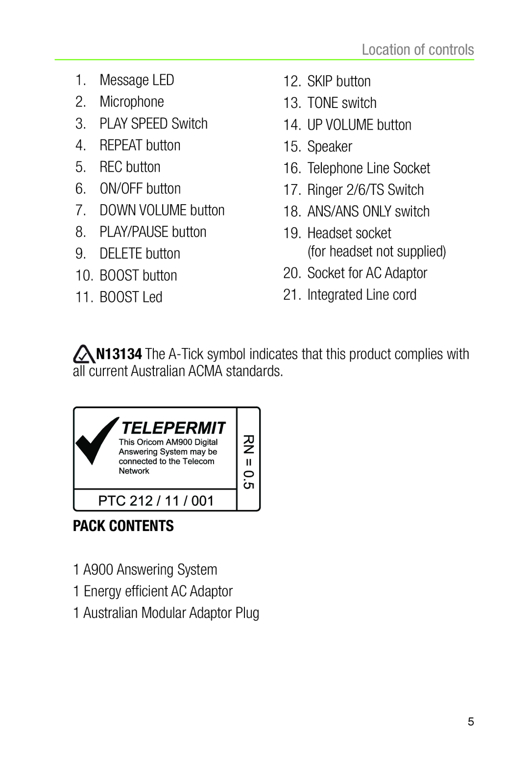 Oricom AM900 warranty Pack Contents 