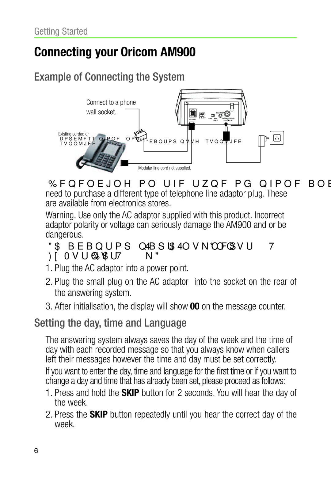 Oricom warranty Connecting your Oricom AM900, Example of Connecting the System, Setting the day, time and Language 