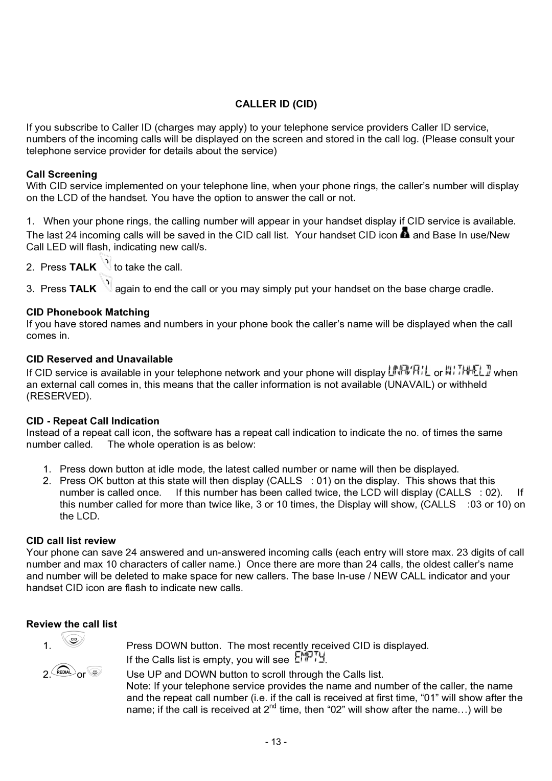 Oricom BB100 manual Caller ID CID 