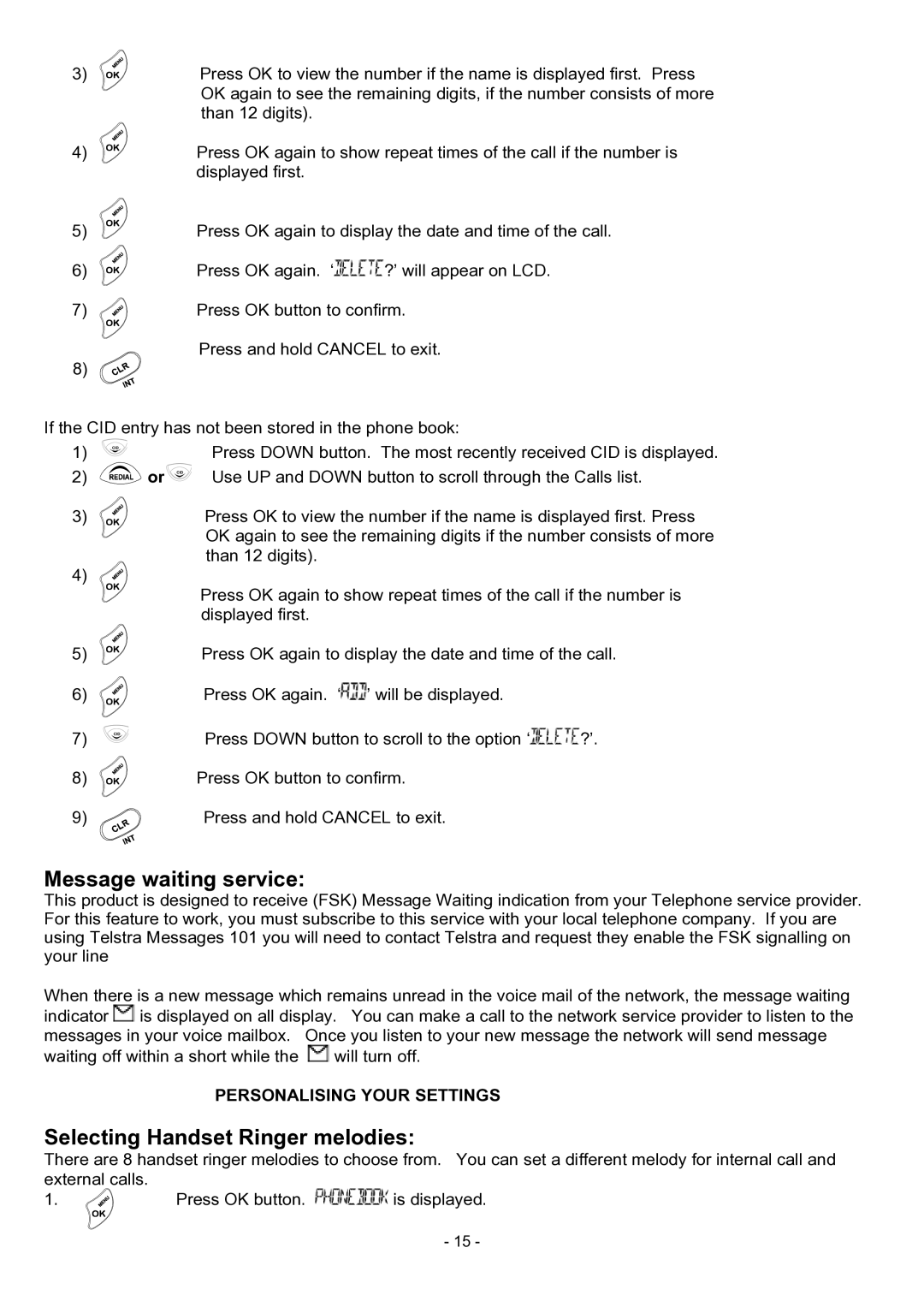 Oricom BB100 manual Message waiting service, Personalising Your Settings 