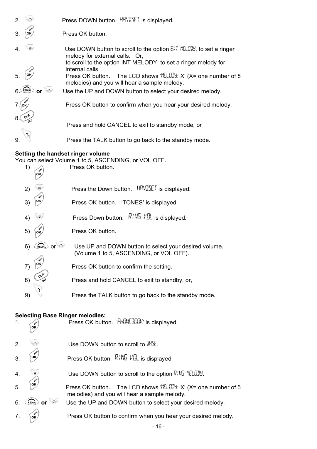 Oricom BB100 manual Setting the handset ringer volume, Selecting Base Ringer melodies 