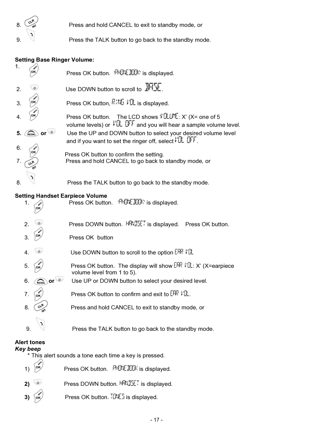 Oricom BB100 manual Setting Base Ringer Volume, Setting Handset Earpiece Volume, Alert tones 