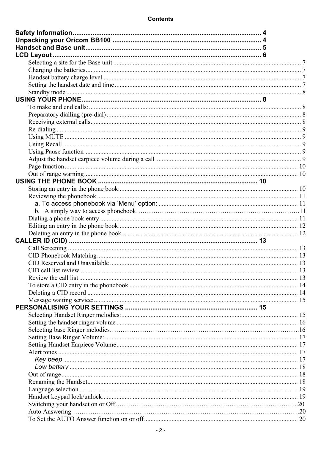 Oricom BB100 manual Using Your Phone, Contents 