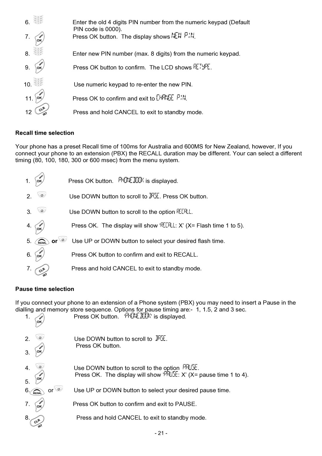 Oricom BB100 manual Recall time selection, Pause time selection 