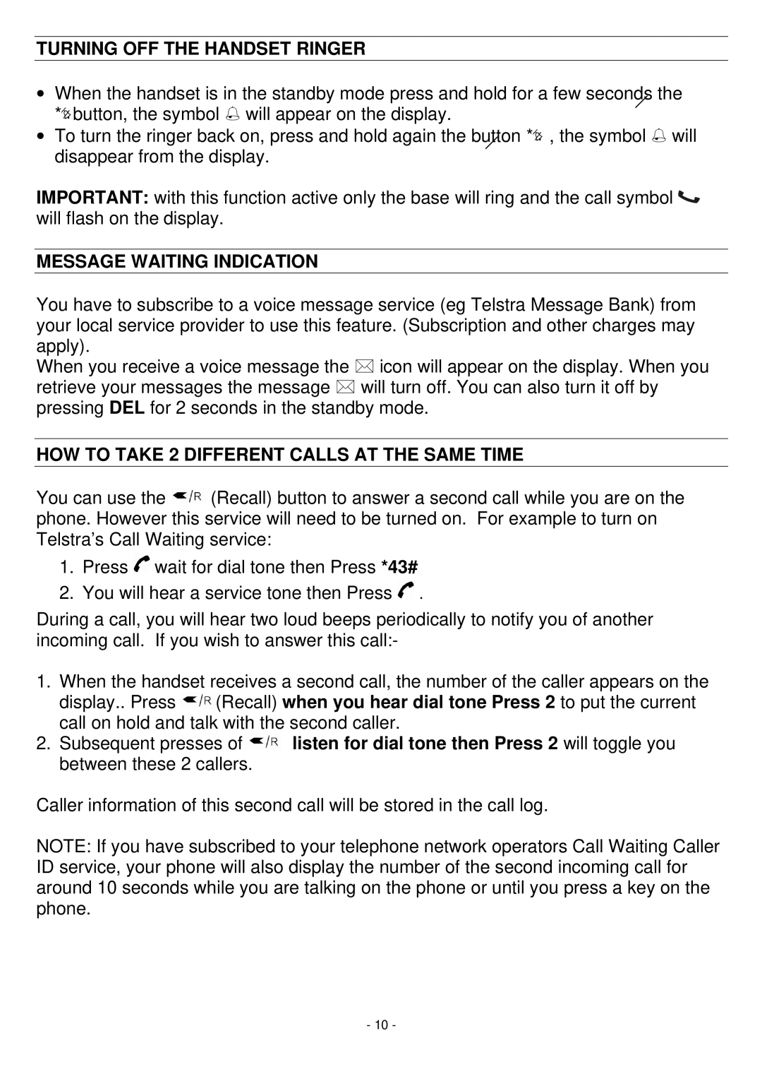 Oricom BB200 Turning OFF the Handset Ringer, Message Waiting Indication, HOW to Take 2 Different Calls AT the Same Time 