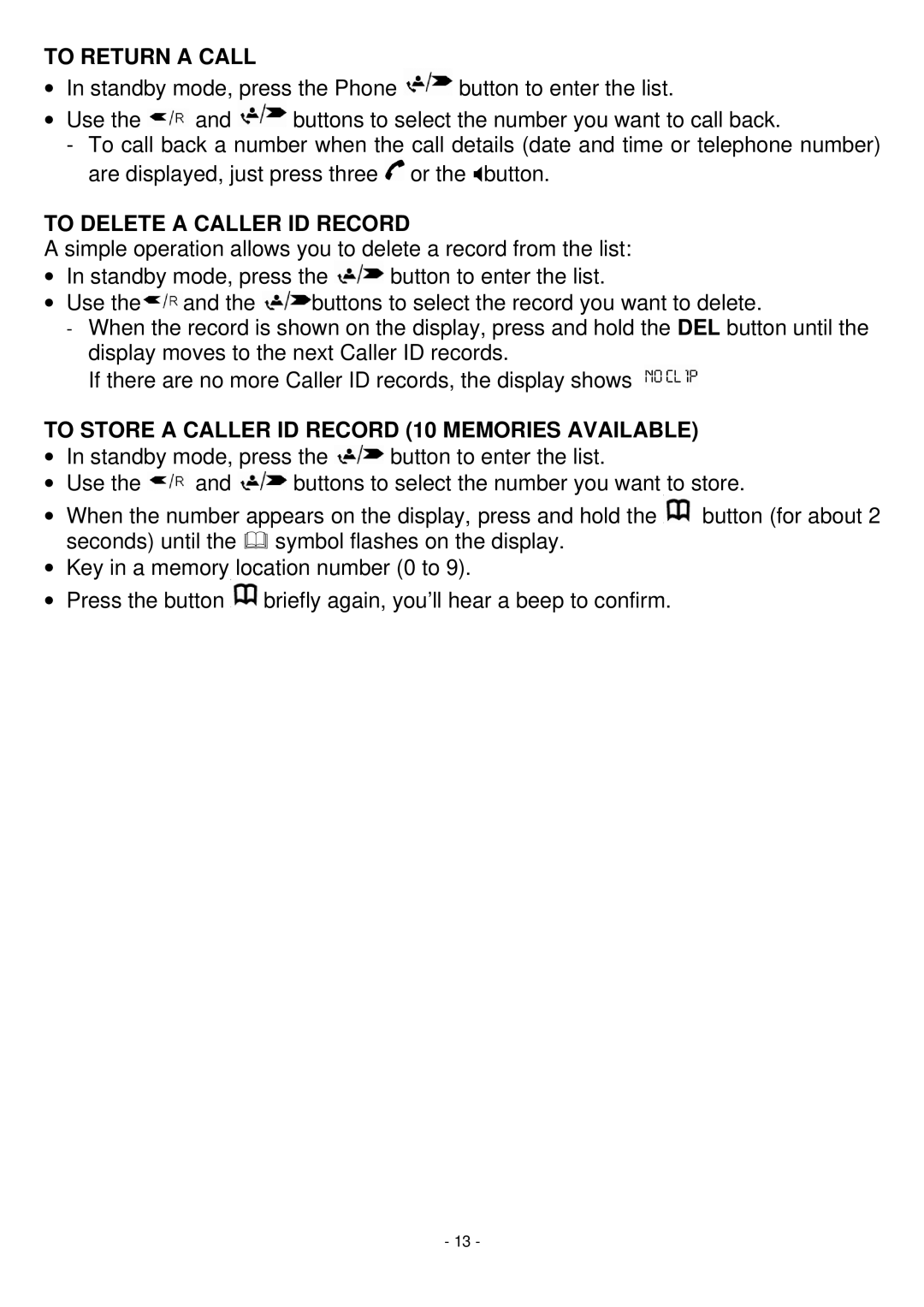 Oricom BB200 manual To Return a Call, To Delete a Caller ID Record, To Store a Caller ID Record 10 Memories Available 