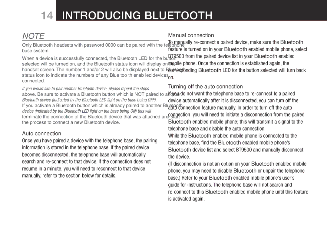 Oricom BT9500 user manual Auto connection, Manual connection, Turning off the auto connection 