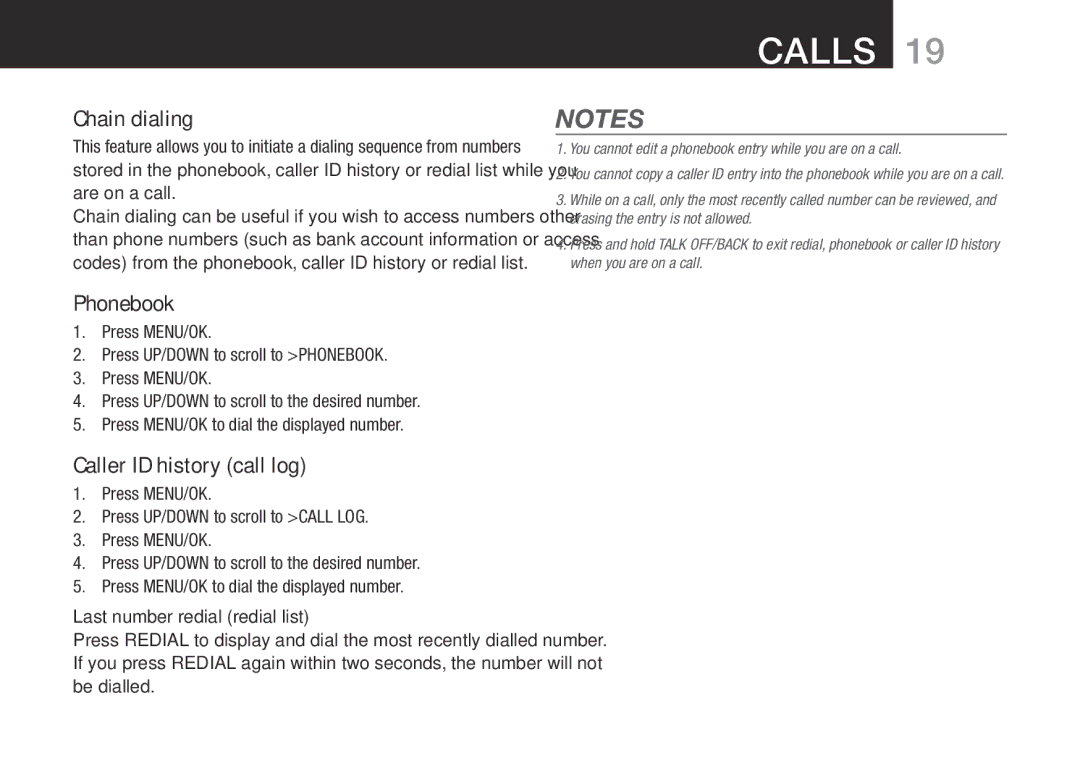 Oricom BT9500 user manual Chain dialing, Caller ID history call log, Last number redial redial list 