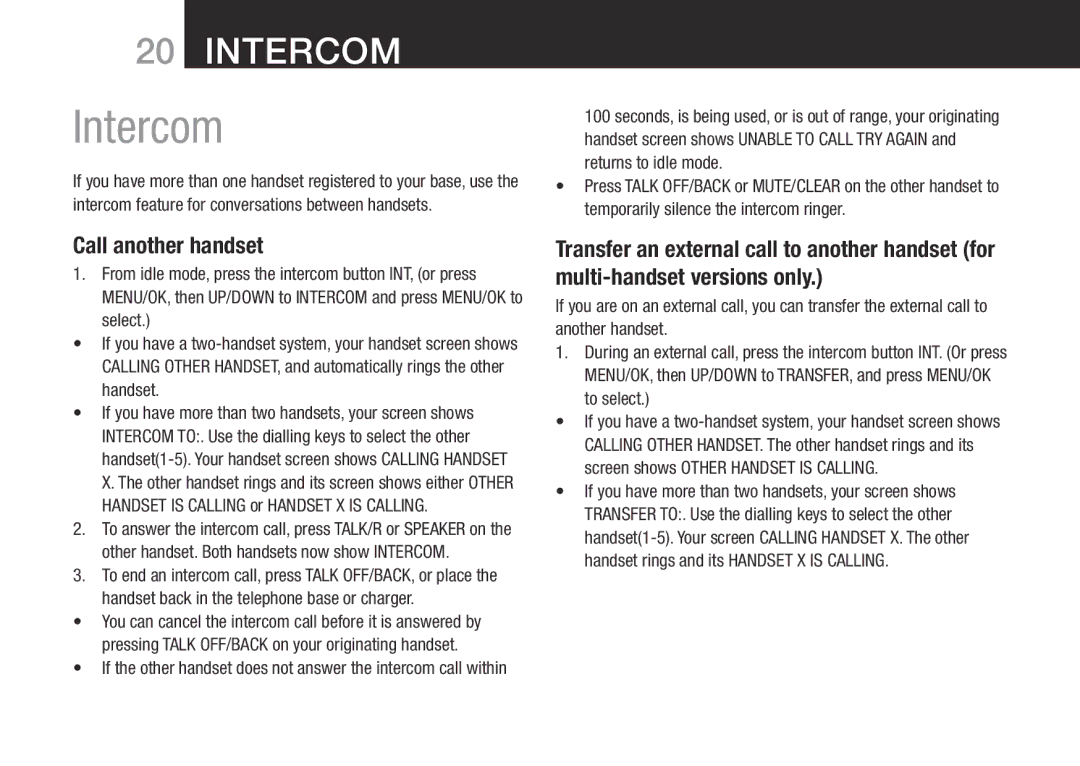 Oricom BT9500 user manual Intercom, Call another handset, Handset back in the telephone base or charger 