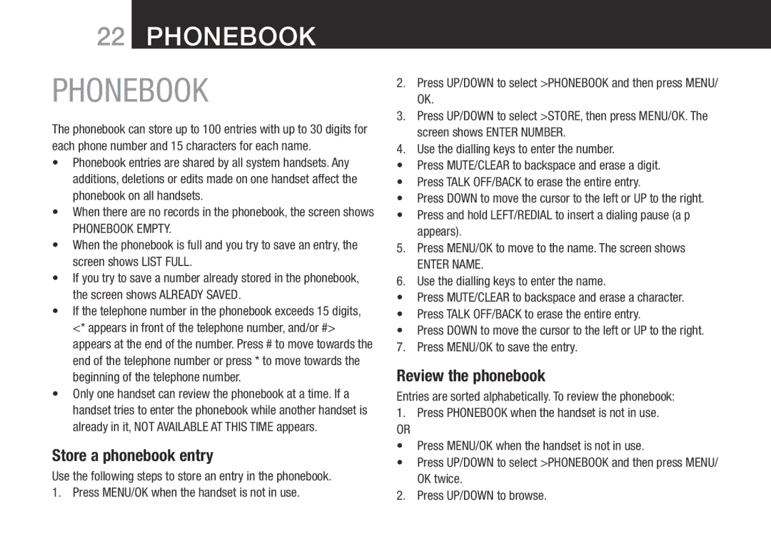 Oricom BT9500 Store a phonebook entry, Review the phonebook, Phonebook Empty, Enter Name, Press MENU/OK to save the entry 