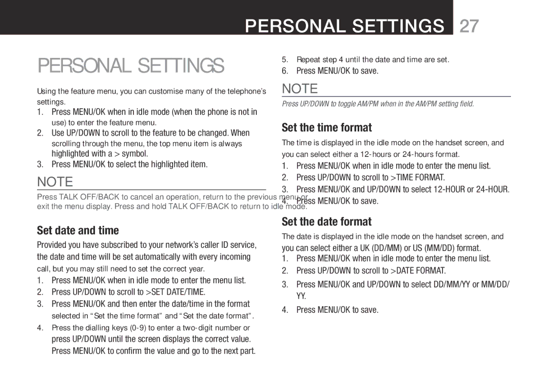 Oricom BT9500 Set the time format, Set date and time, Set the date format, Press MENU/OK to select the highlighted item 