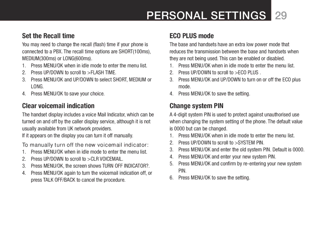 Oricom BT9500 user manual Set the Recall time, ECO Plus mode, Clear voicemail indication, Change system PIN 