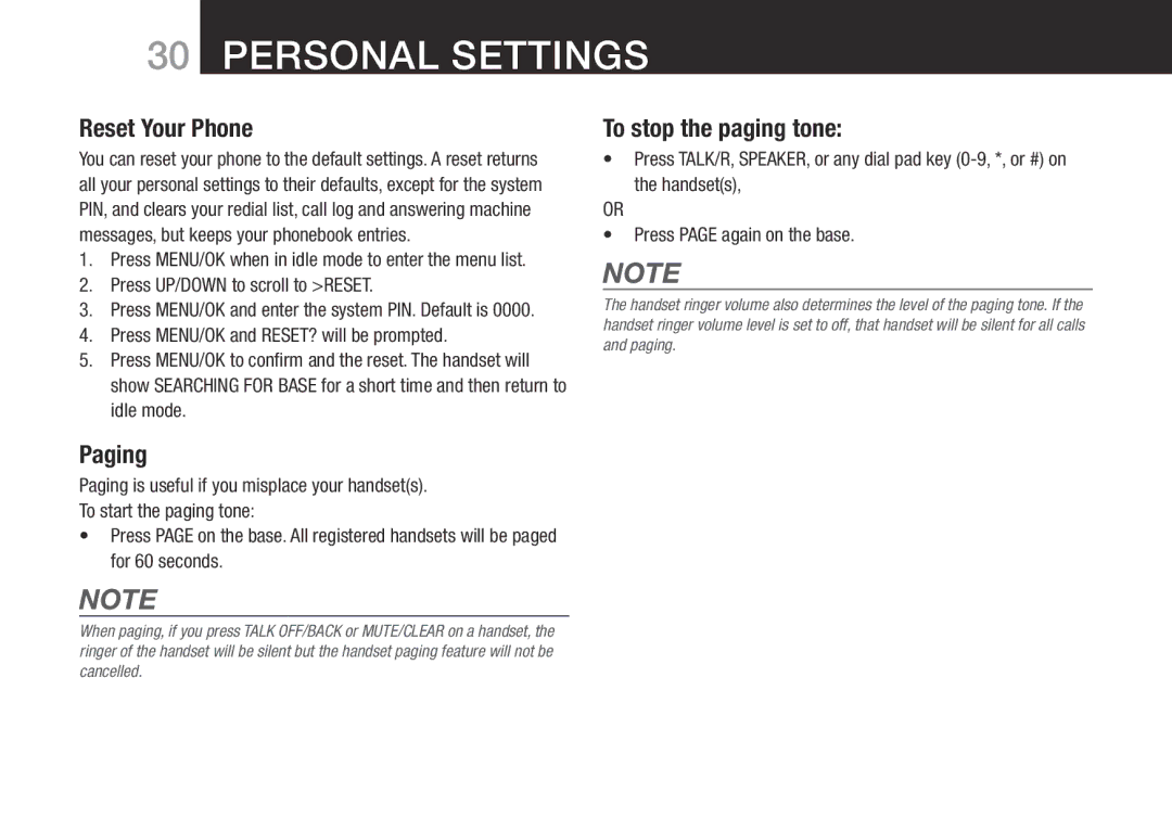 Oricom BT9500 user manual Reset Your Phone, To stop the paging tone, Paging, Press UP/DOWN to scroll to Reset 