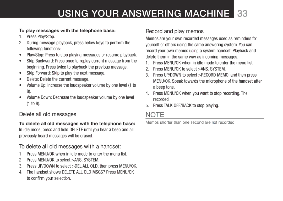 Oricom BT9500 user manual Record and play memos, Delete all old messages, To delete all old messages with a handset 