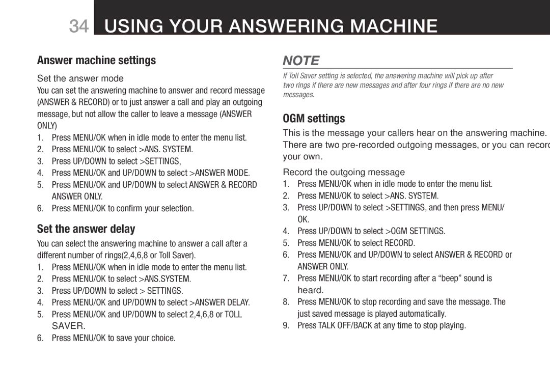 Oricom BT9500 user manual Answer machine settings, Set the answer delay, OGM settings, Set the answer mode 