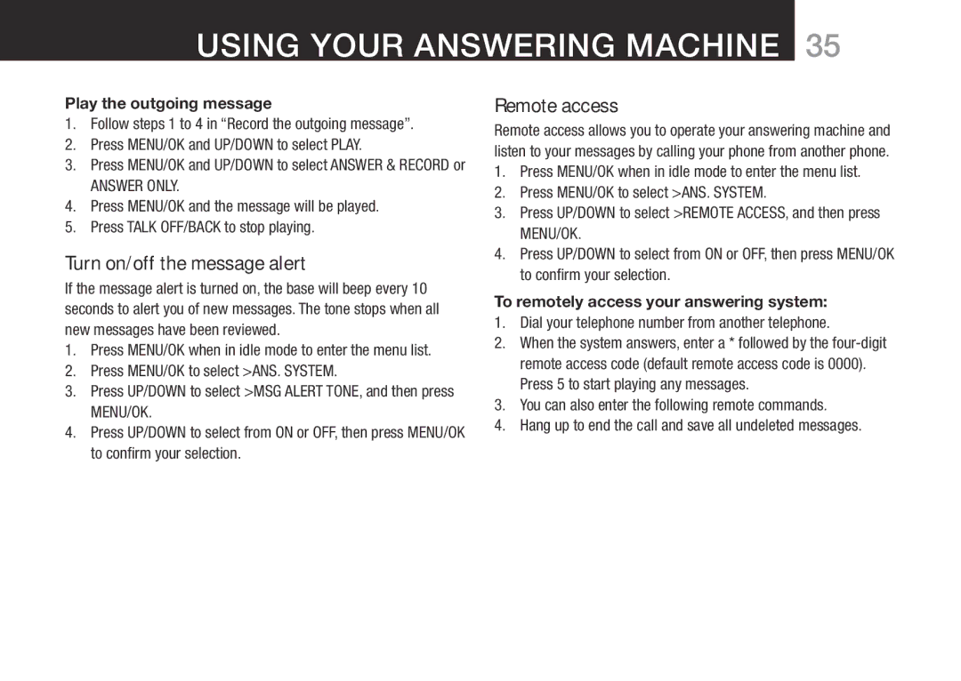 Oricom BT9500 user manual Turn on/off the message alert, Remote access, Play the outgoing message 