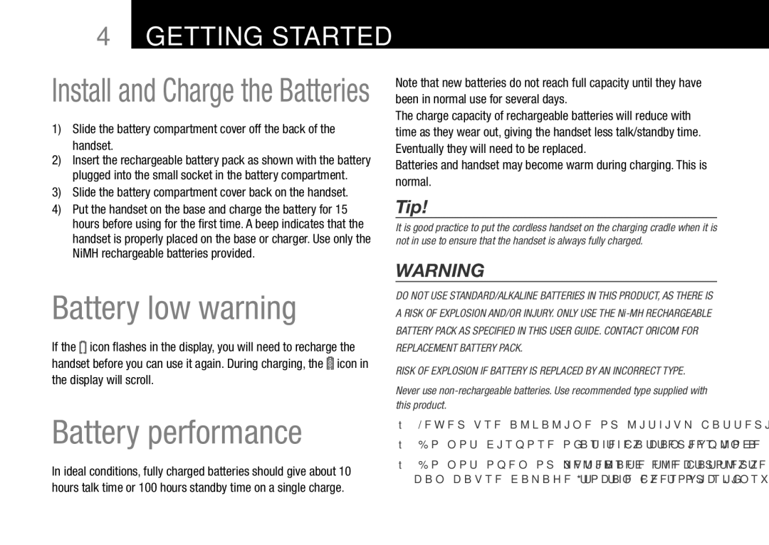 Oricom BT9500 user manual Battery low warning, Battery performance, NiMH rechargeable batteries provided 