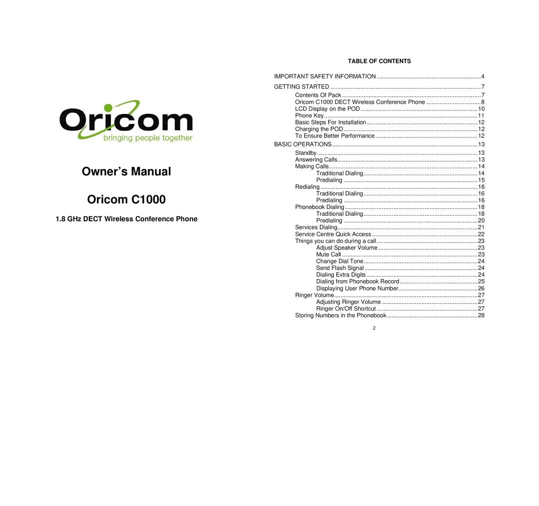 Oricom C1000 1.8 GHz owner manual Oricom C1000, Table of Contents 