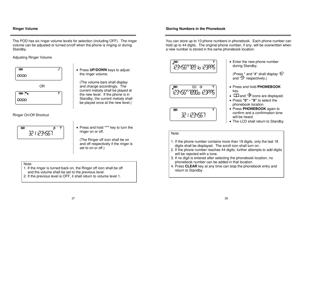 Oricom C1000 1.8 GHz owner manual Ringer Volume, Storing Numbers in the Phonebook 