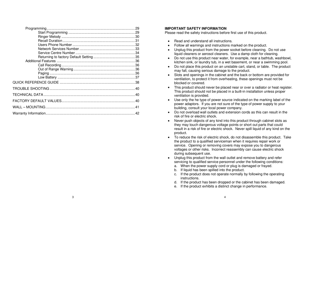 Oricom C1000 1.8 GHz owner manual Important Safety Information 