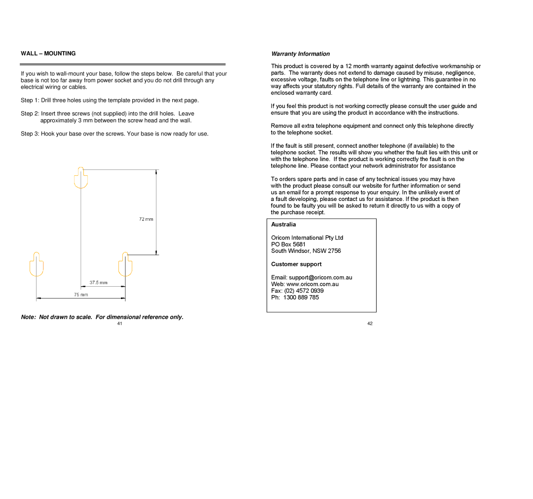 Oricom C1000 1.8 GHz owner manual Wall Mounting, Warranty Information 