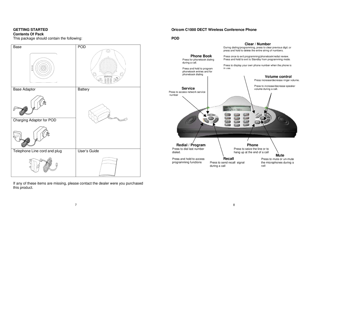 Oricom C1000 1.8 GHz owner manual Getting Started, Pod 