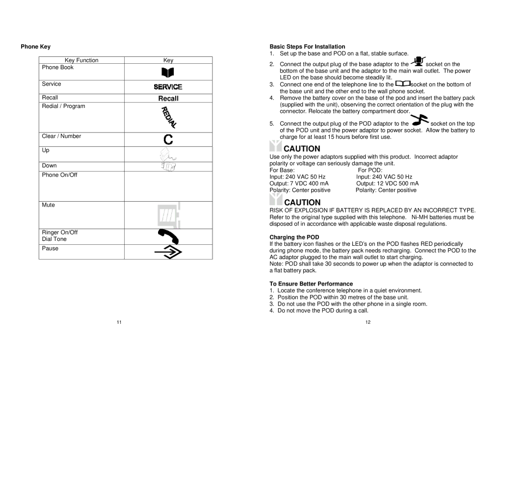 Oricom C1000 1.8 GHz owner manual Phone Key, Basic Steps For Installation, Charging the POD, To Ensure Better Performance 