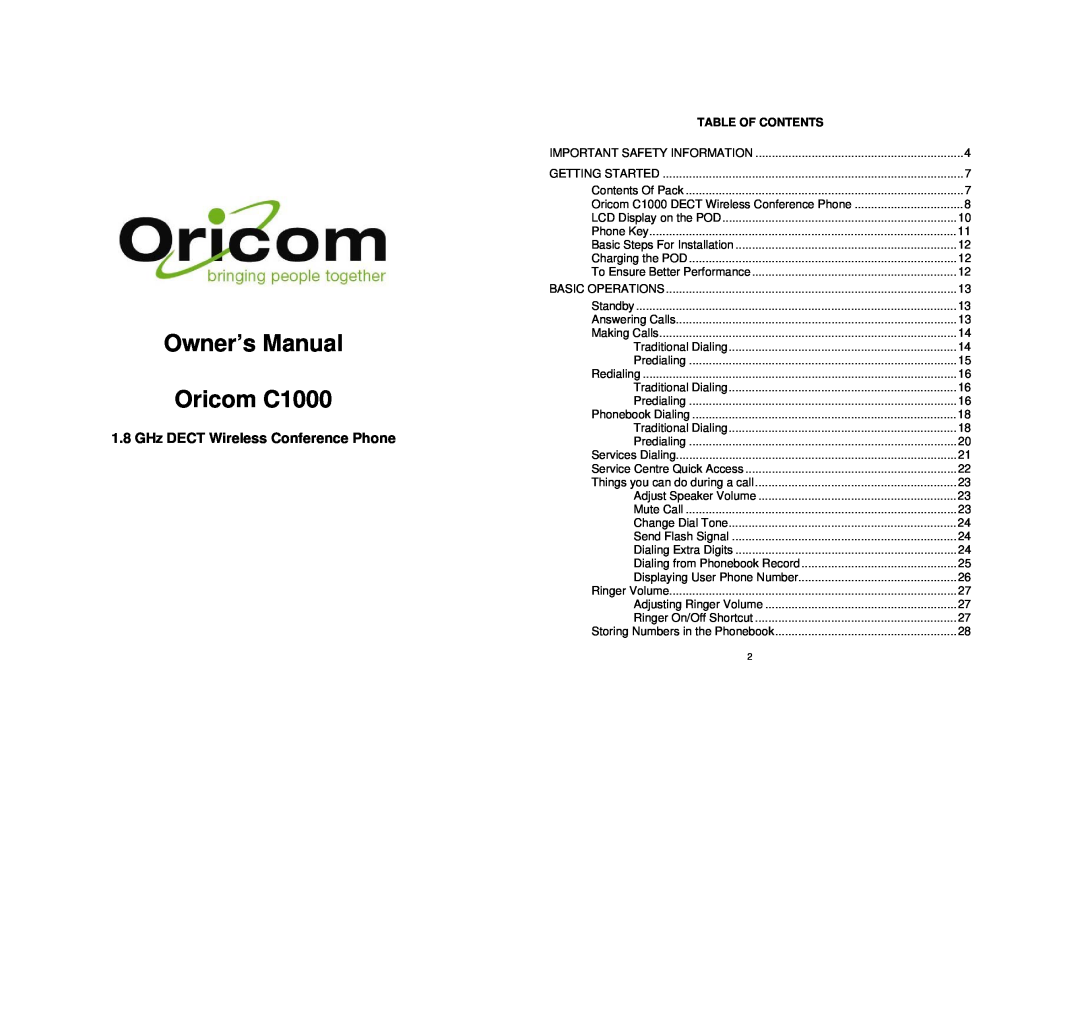 Oricom C1000 1.8 GHz owner manual GHz DECT Wireless Conference Phone 