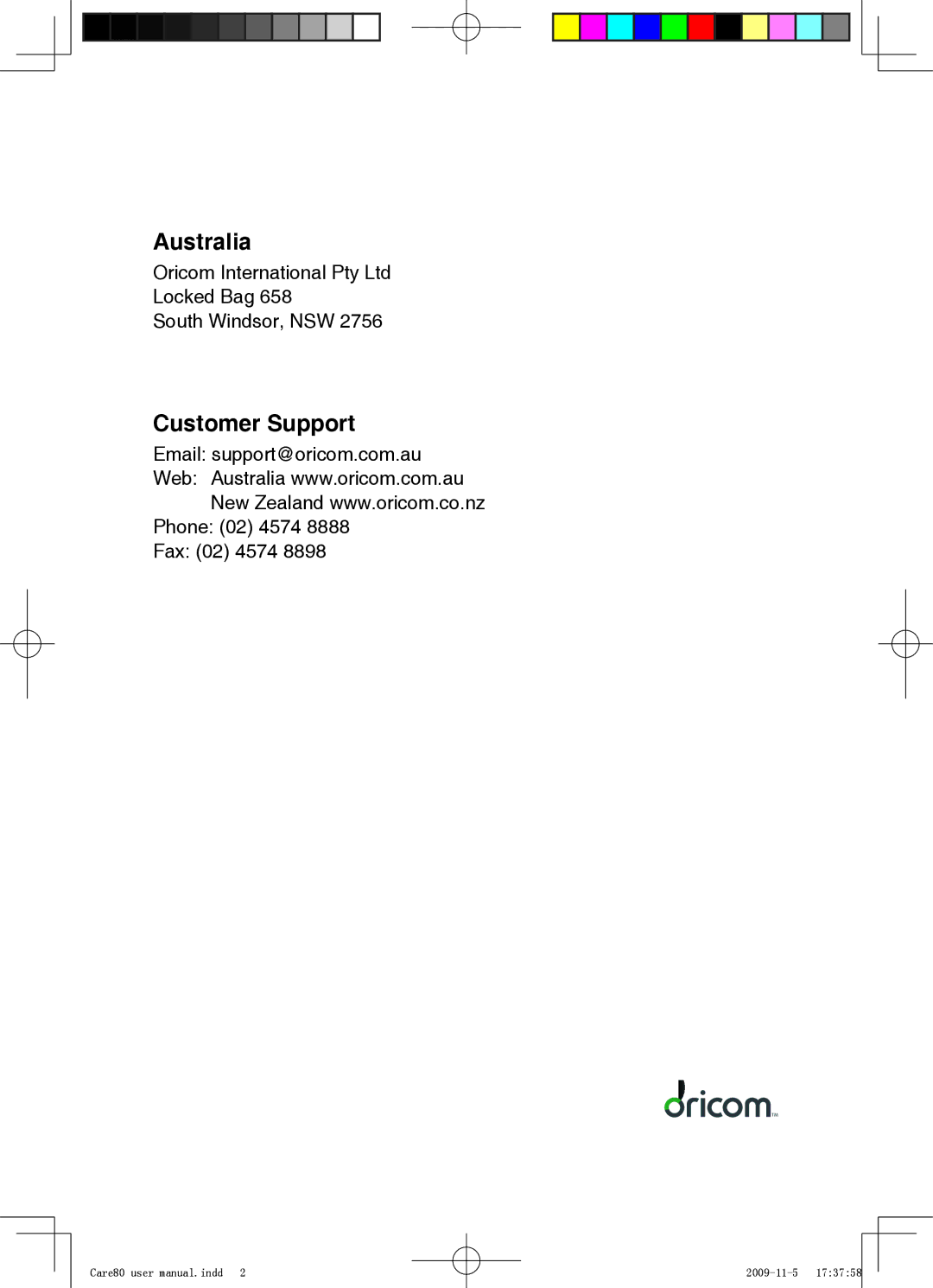 Oricom CARE80 user manual Australia 