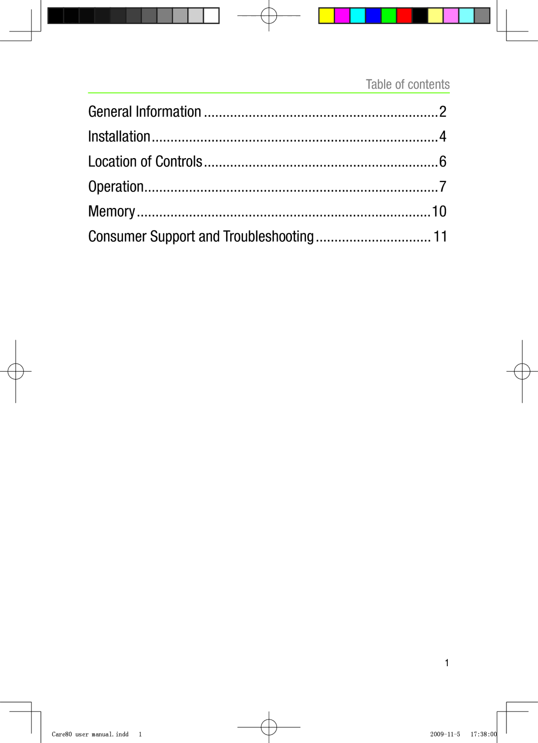 Oricom CARE80 user manual Table of contents 