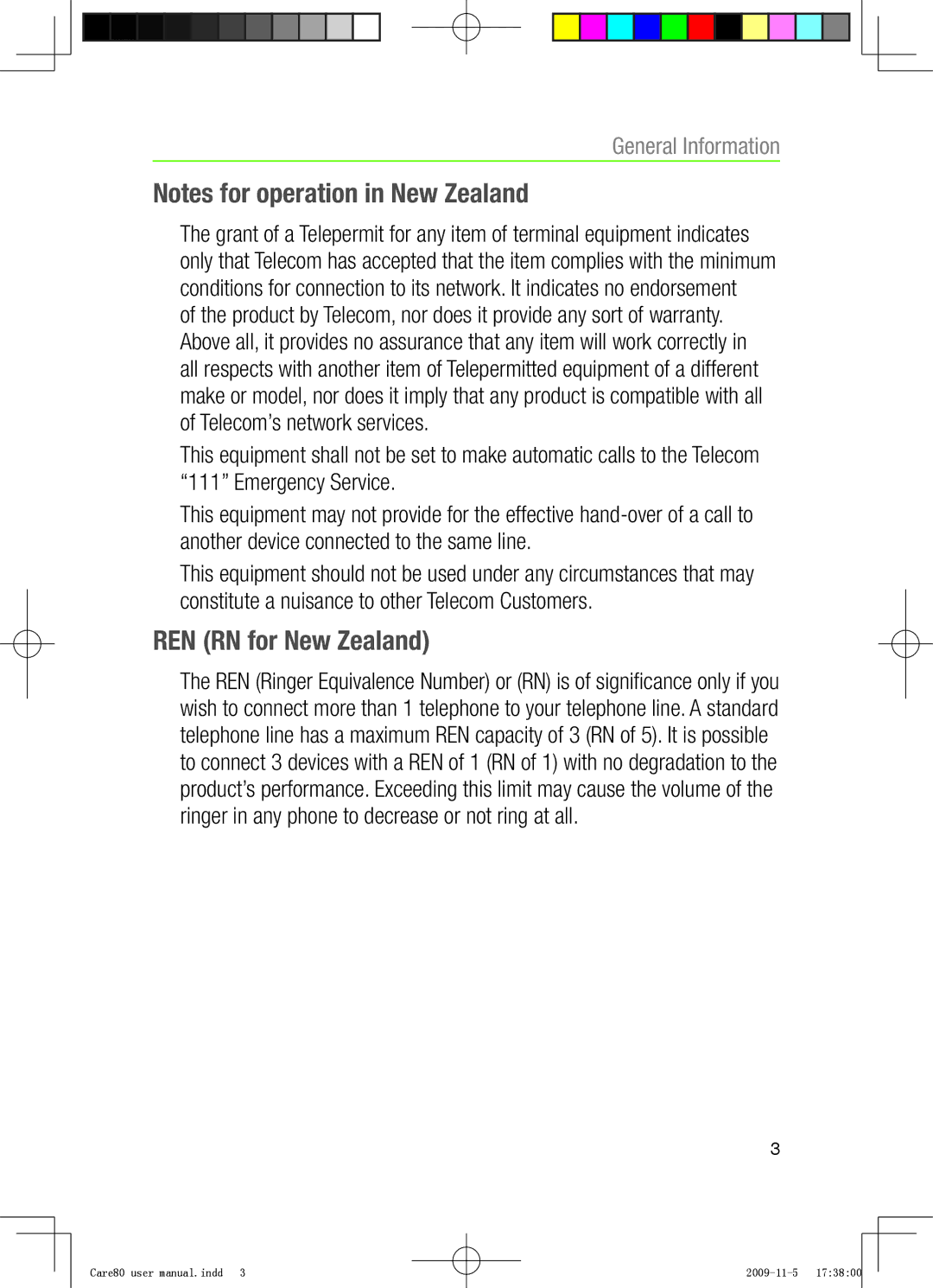 Oricom CARE80 user manual REN RN for New Zealand 