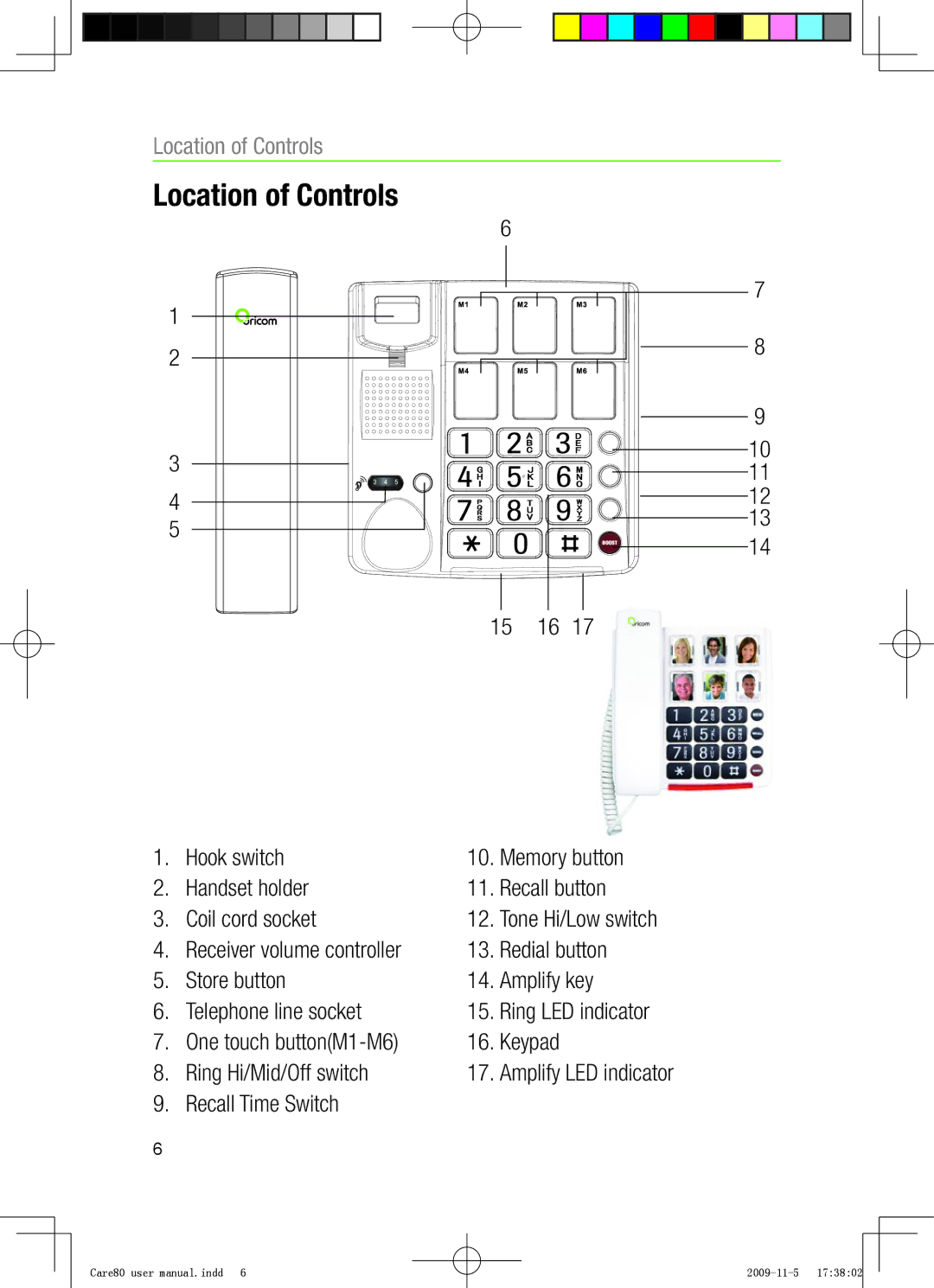 Oricom CARE80 user manual Location of Controls 