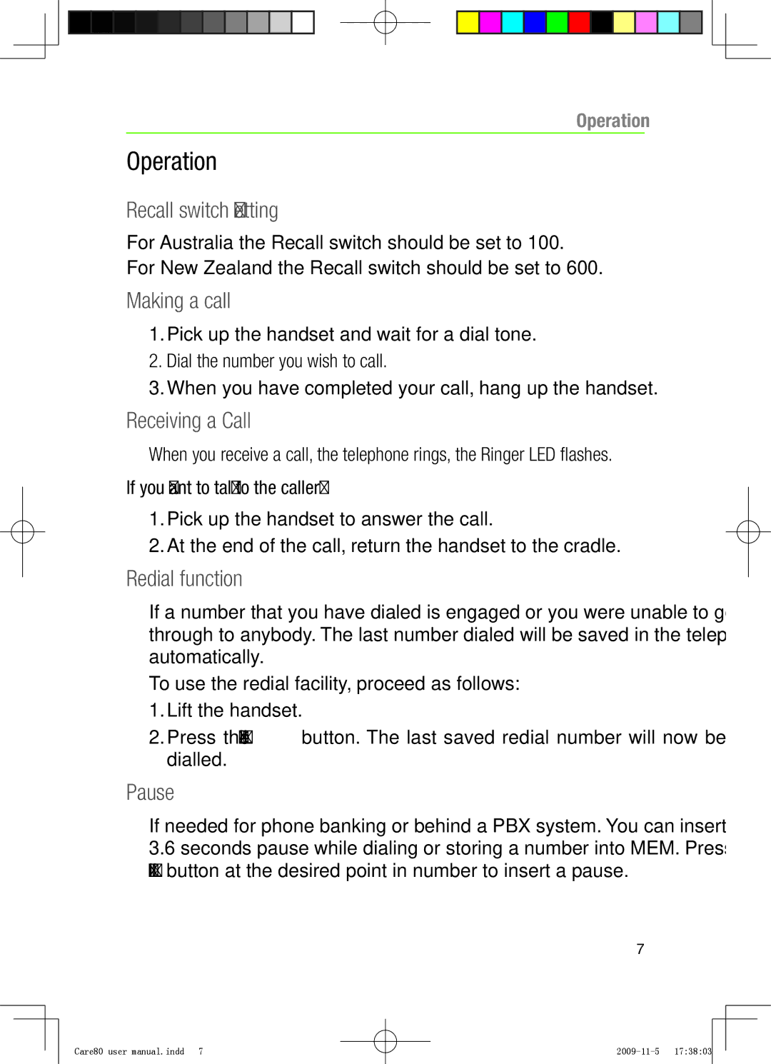 Oricom CARE80 user manual Operation 