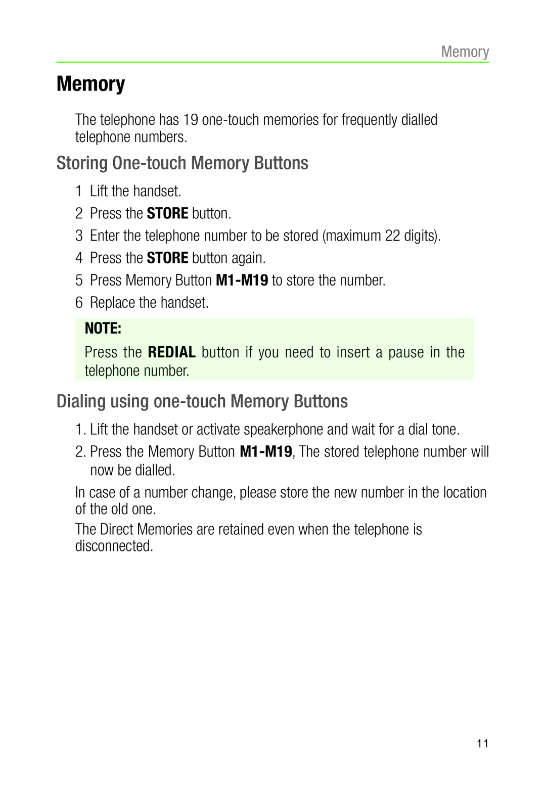 Oricom CARE90 warranty Storing One-touch Memory Buttons, Dialing using one-touch Memory Buttons 