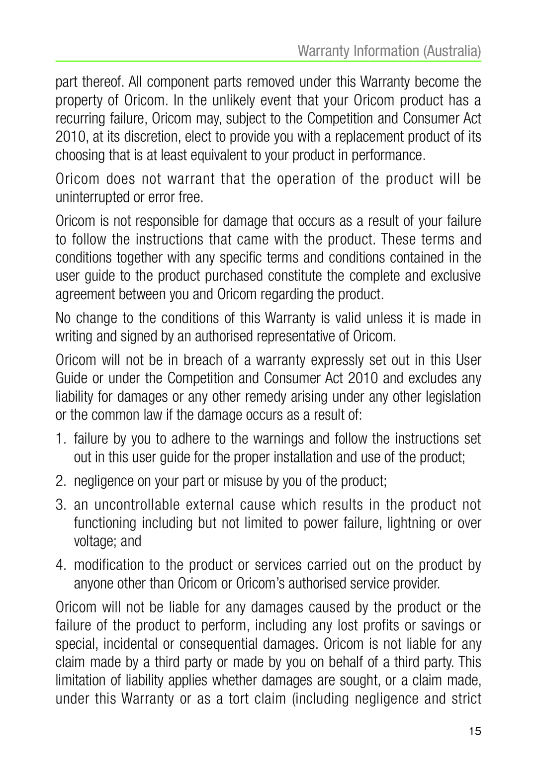 Oricom CARE90 warranty Warranty Information Australia 