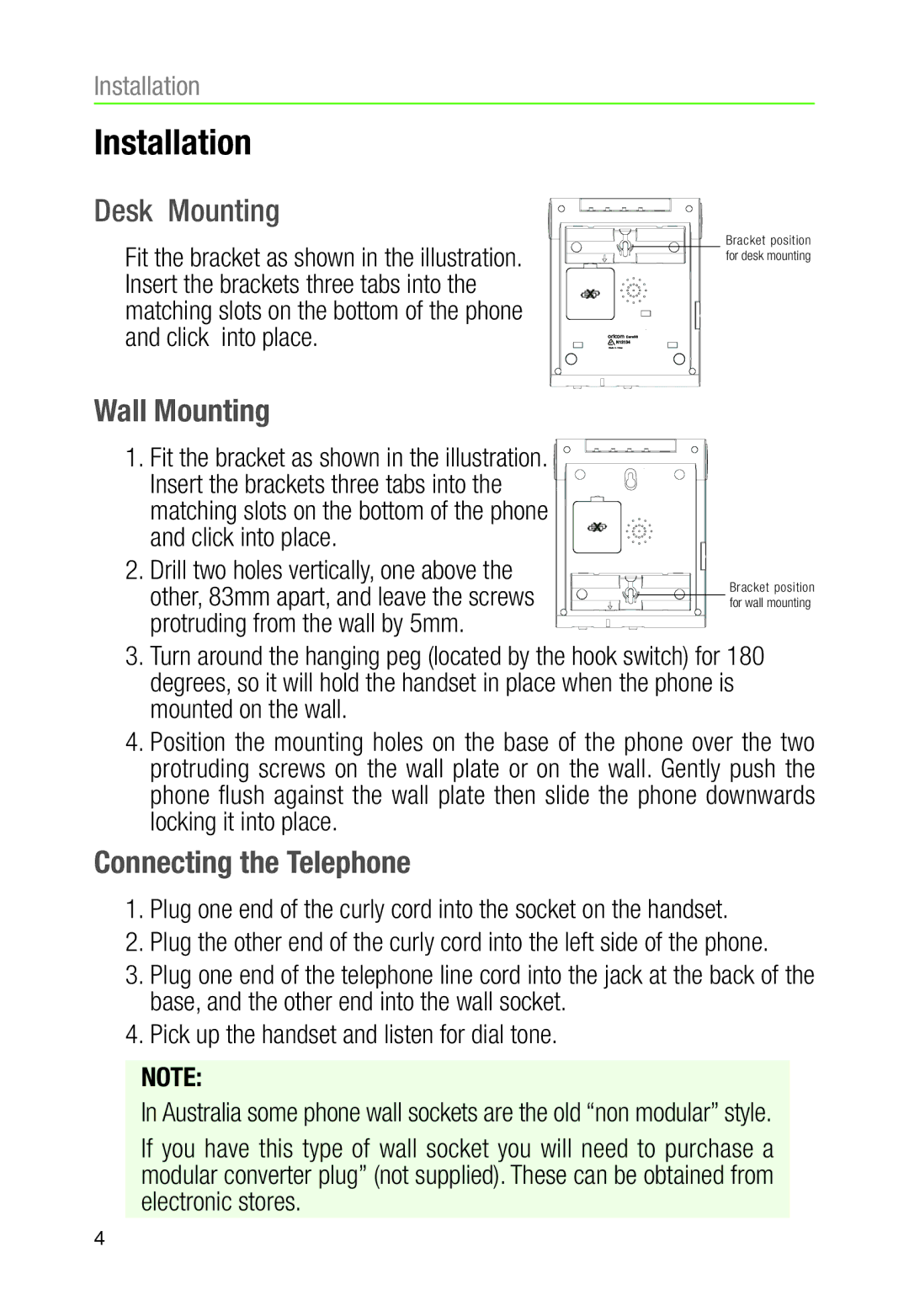 Oricom CARE90 warranty Installation, Desk Mounting, Wall Mounting, Connecting the Telephone 