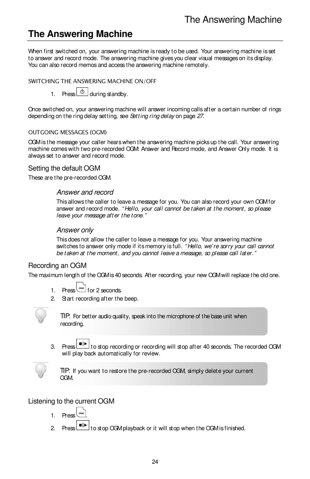 Oricom ECO3400 manual Answering Machine, Setting the default OGM, Recording an OGM, Listening to the current OGM 