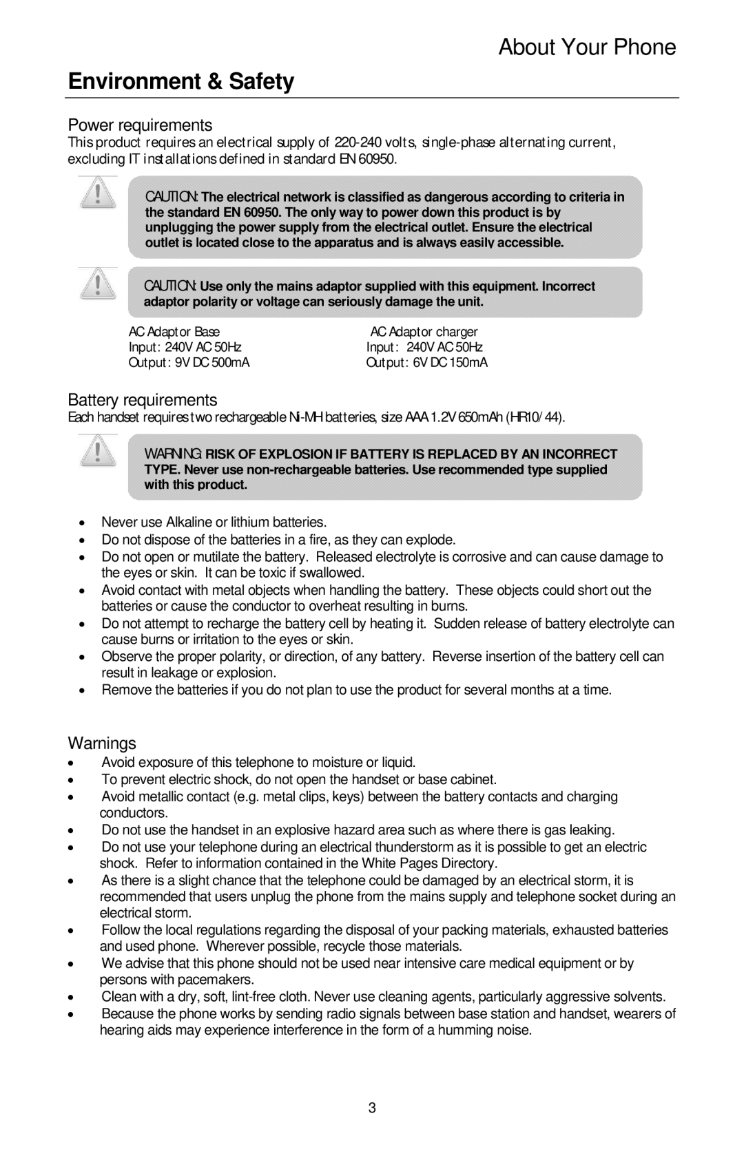 Oricom ECO3400 manual Environment & Safety, Power requirements, Battery requirements 