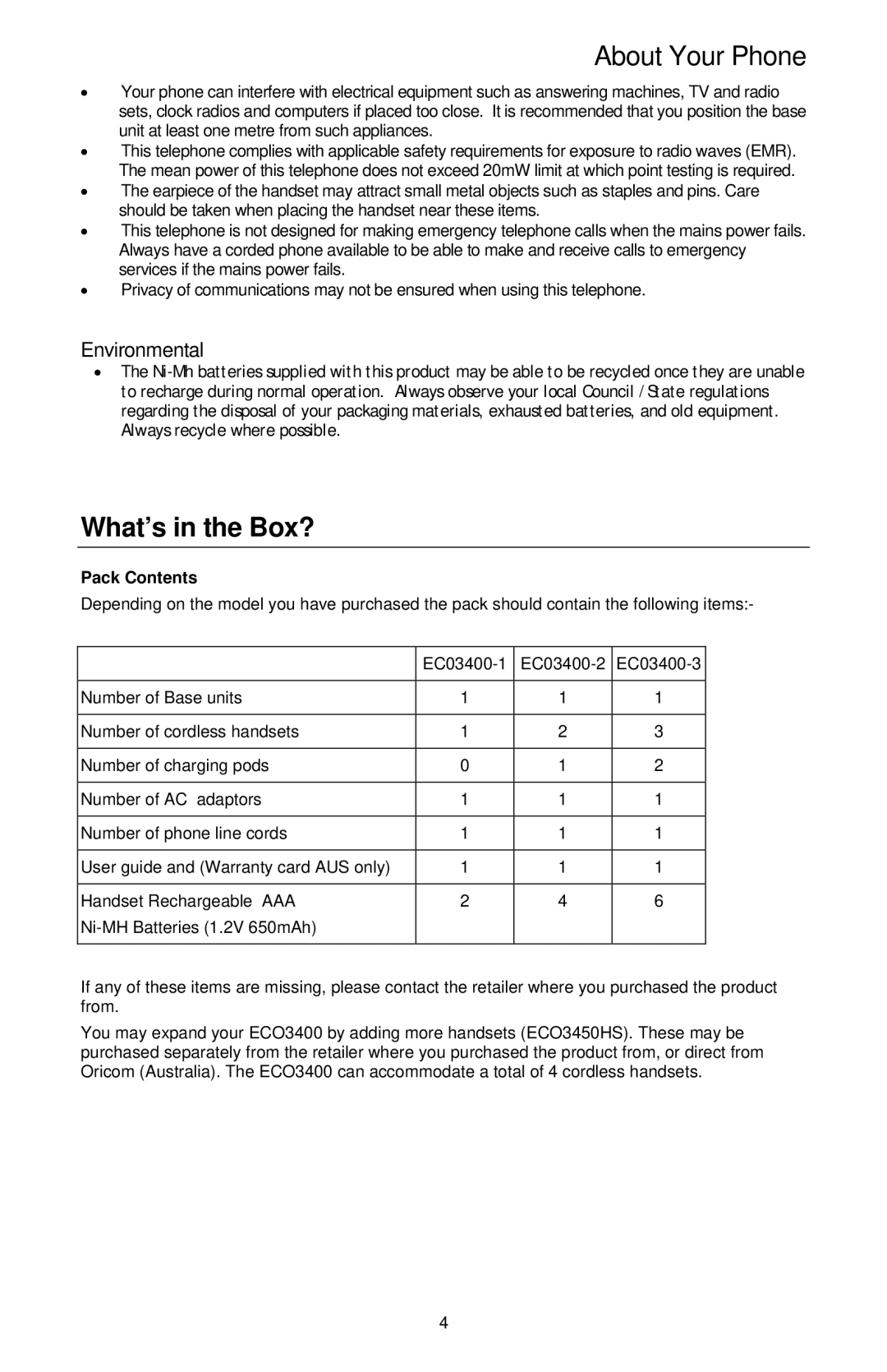 Oricom ECO3400 manual What’s in the Box?, Environmental 