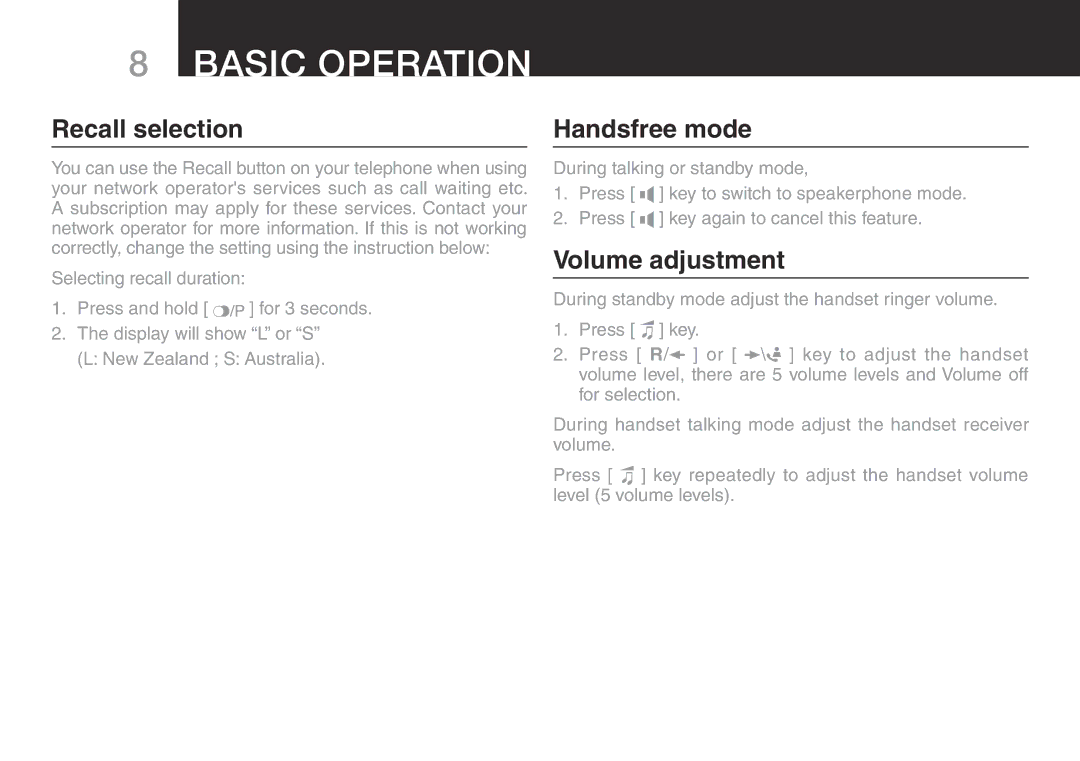 Oricom eco50 manual  Basic Operation, Recall selection, Handsfree mode, Volume adjustment 