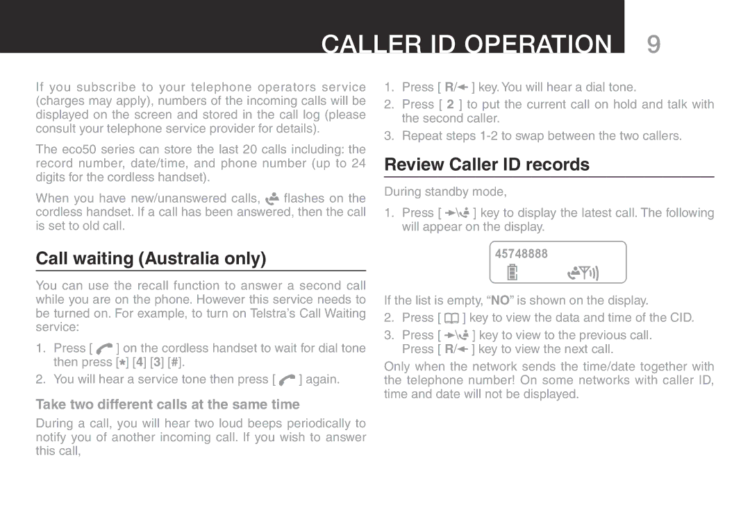 Oricom eco50 manual Caller ID Operation, Call waiting Australia only, Review Caller ID records 