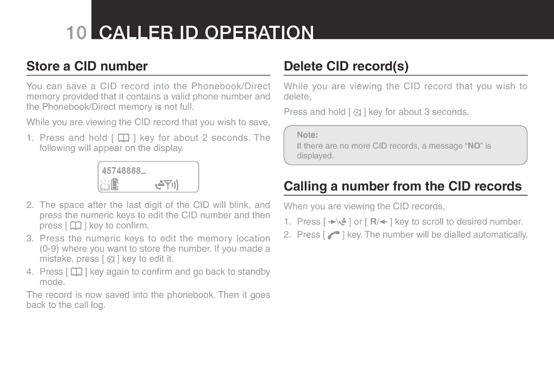 Oricom eco50 manual Store a CID number, Delete CID records, Calling a number from the CID records 