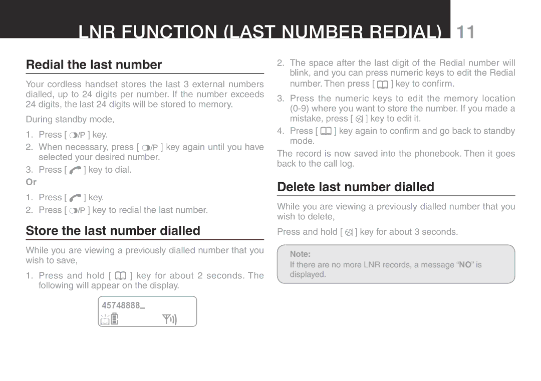 Oricom eco50 manual LNR Function Last Number Redial, Redial the last number, Delete last number dialled 