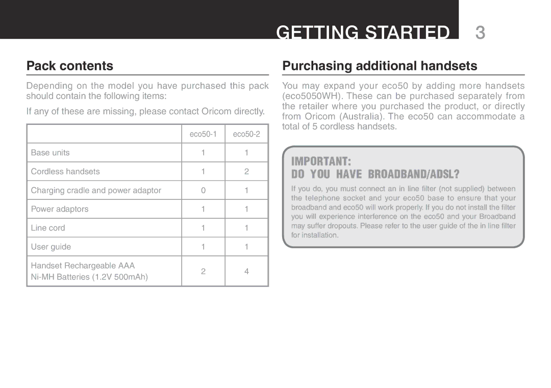 Oricom eco50 manual Pack contents, Purchasing additional handsets 