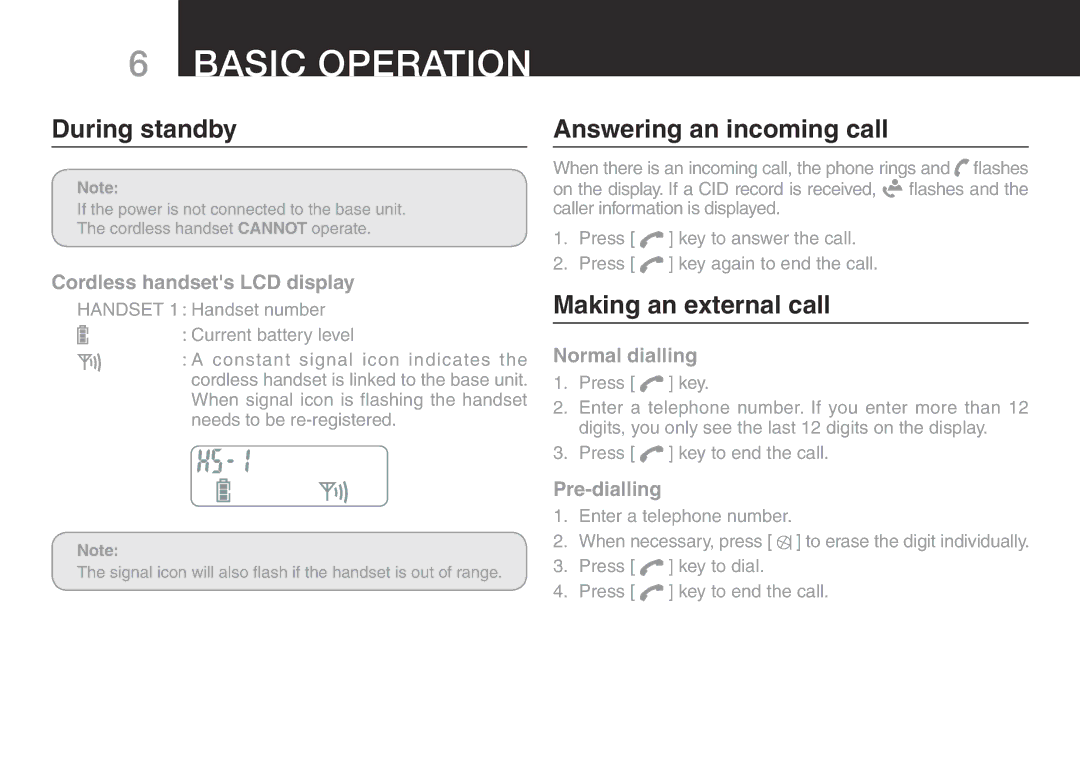 Oricom eco50 manual Basic Operation, During standby, Answering an incoming call, Making an external call 