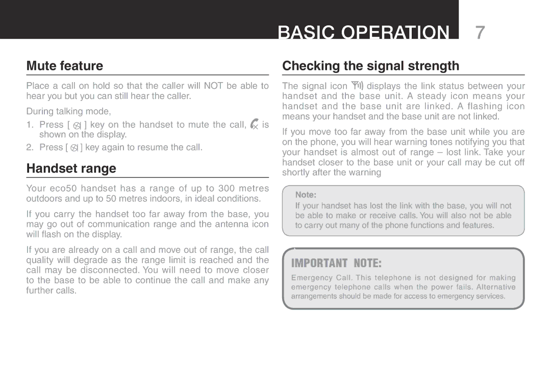 Oricom eco50 manual Basic Operation , Mute feature, Handset range, Checking the signal strength 