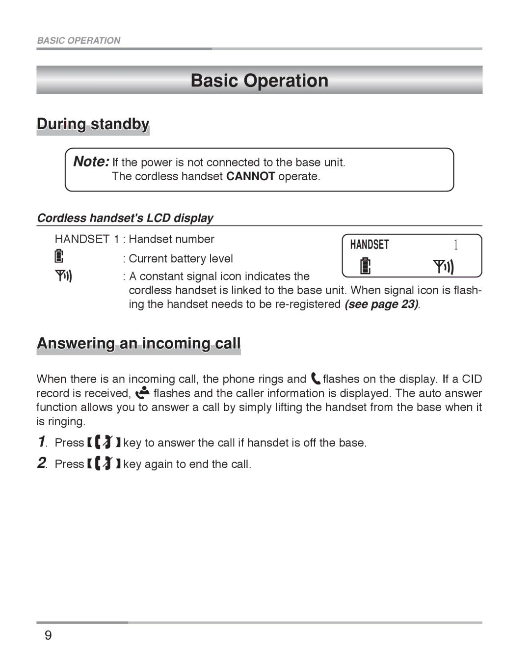 Oricom eco5100 Series manual Basic Operation, During standby, Answering an incoming call, Cordless handsets LCD display 