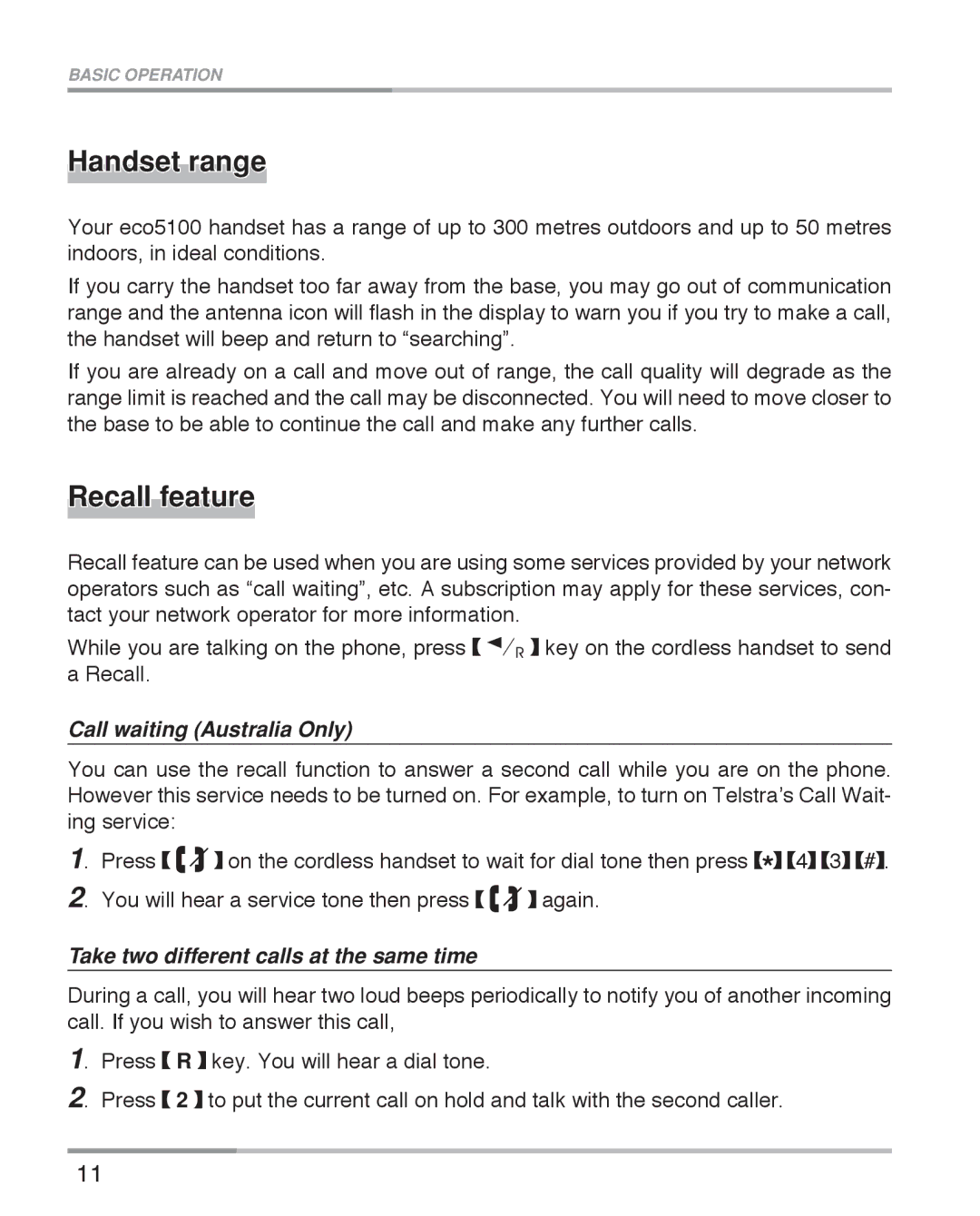 Oricom eco5100 Series manual Handset range, Recall feature, Call waiting Australia Only 